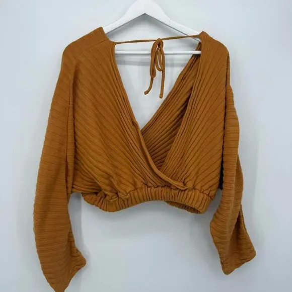 Free People Beach Orange Ribbed Wrap Top Long Sleeve Cropped Medium - Picture 8 of 8